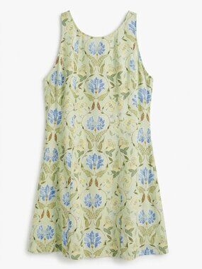 LOFT Linen Blend Floral A-Line Dress Lace Up Back Green Blue Size 14
